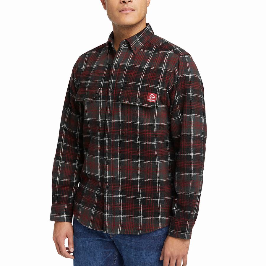 Black Red Men Wolverine Glacier Heavyweight Long Sleeve Flannel Shirts | PQB423XB