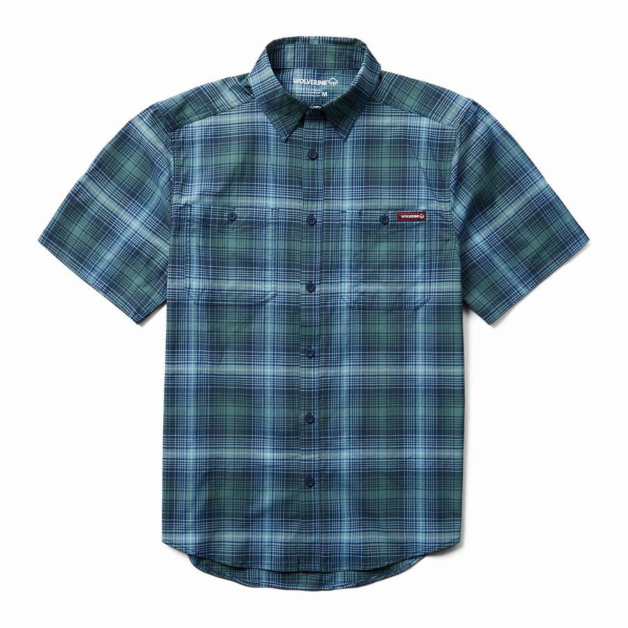 Blue Grey Men Wolverine Fuse Short Sleeve Plaid Shirts | MVQ7692JE