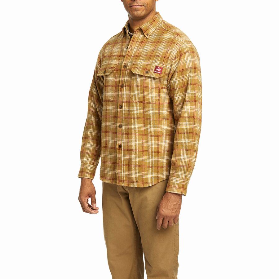 Brown Men Wolverine Glacier Heavyweight Long Sleeve Flannel Shirts | UVX7256HO