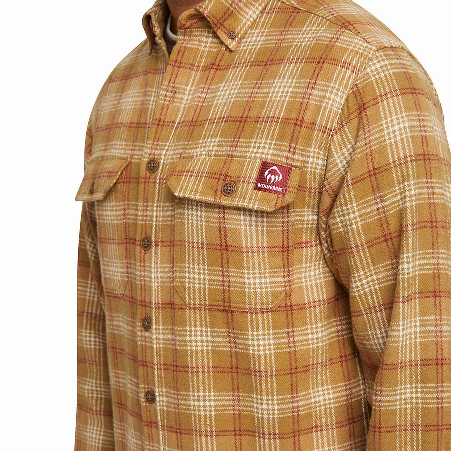 Brown Men Wolverine Glacier Heavyweight Long Sleeve Flannel Shirts | UVX7256HO