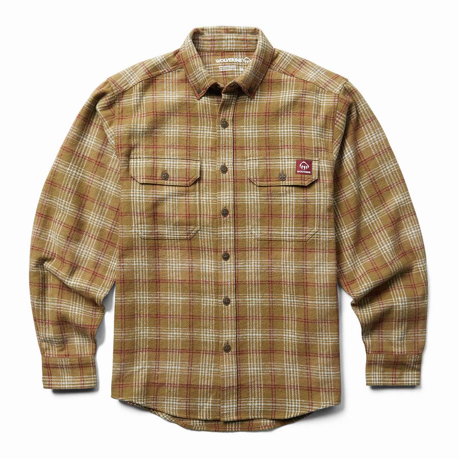 Brown Men Wolverine Glacier Heavyweight Long Sleeve Flannel Shirts | UVX7256HO