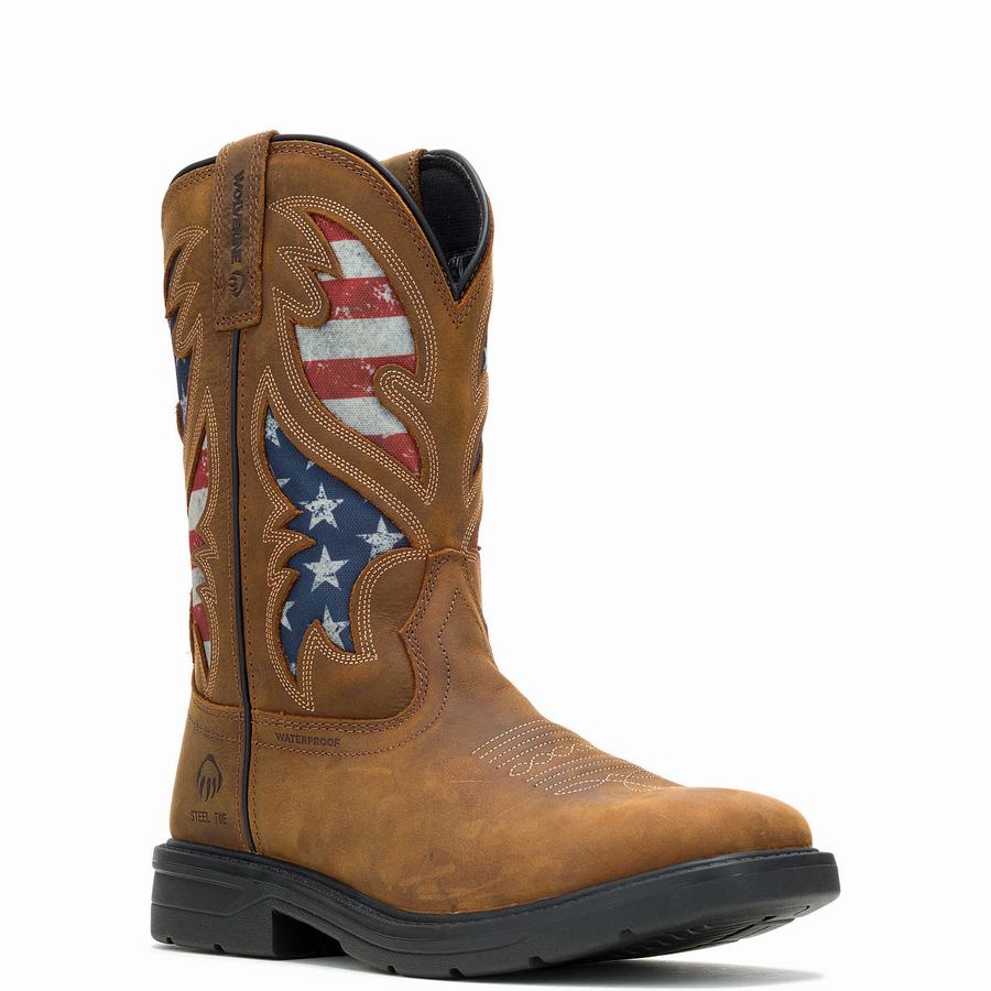 Brown Men Wolverine Rancher Flag Steel-Toe Wellington Boots | IFV194NF