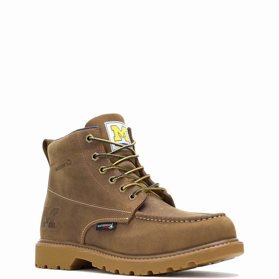 Brown Men Wolverine x Valiant University of Michigan Floorhand Moc Toe Work Boots | PBQ128ZI