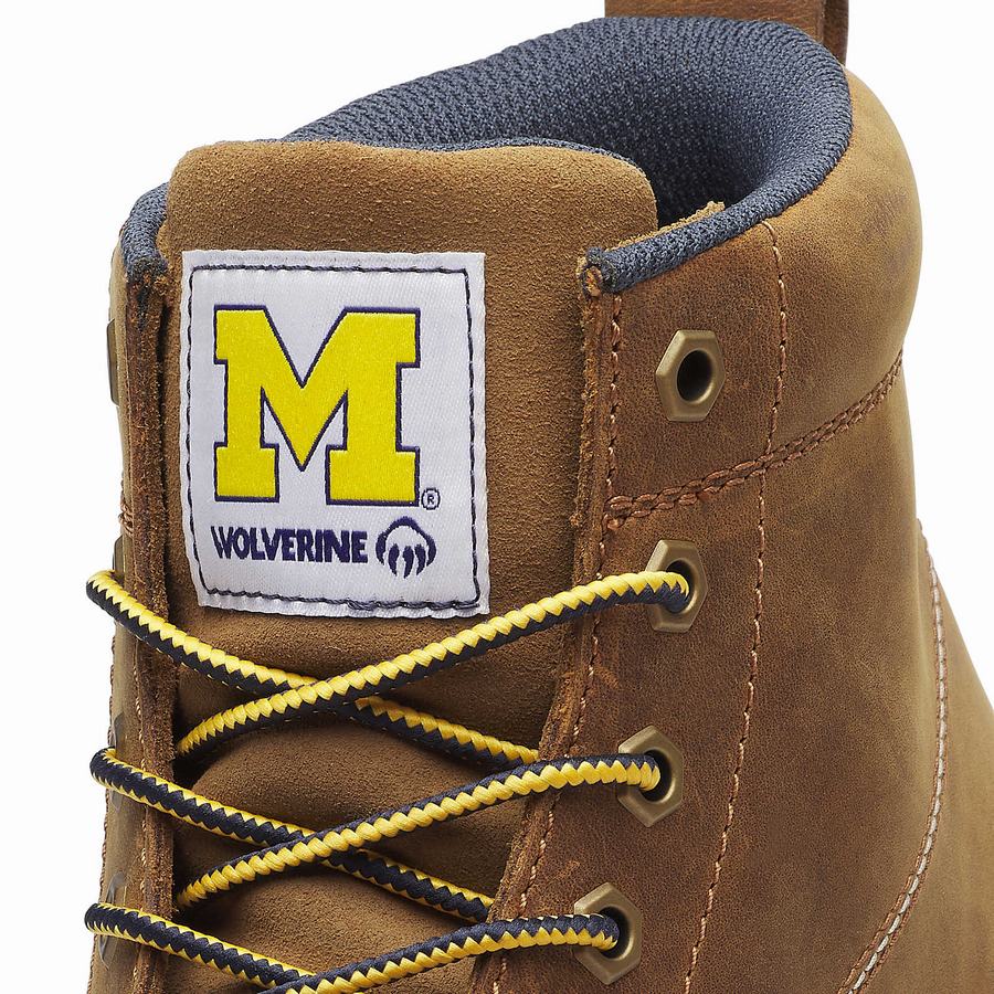 Brown Men Wolverine x Valiant University of Michigan Floorhand Moc Toe Work Boots | PBQ128ZI