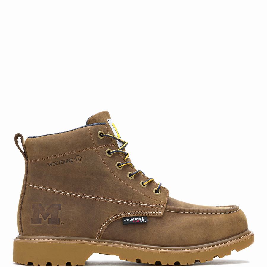 Brown Men Wolverine x Valiant University of Michigan Floorhand Moc Toe Work Boots | PBQ128ZI