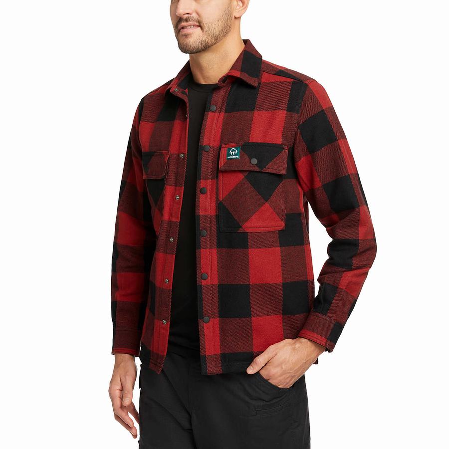 Dark Red Black Men Wolverine Forge Flannel Overshirt Shirts | LPV8597BS