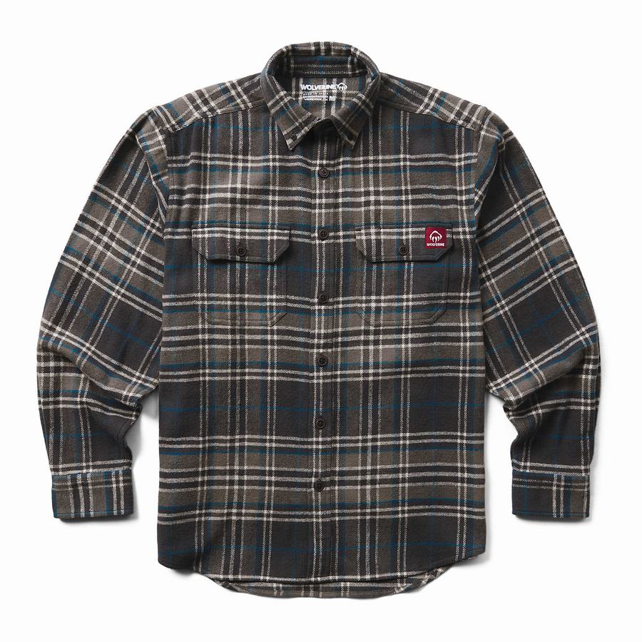 Grey Black Men Wolverine Glacier Heavyweight Long Sleeve Flannel Shirts | CYZ4486DA