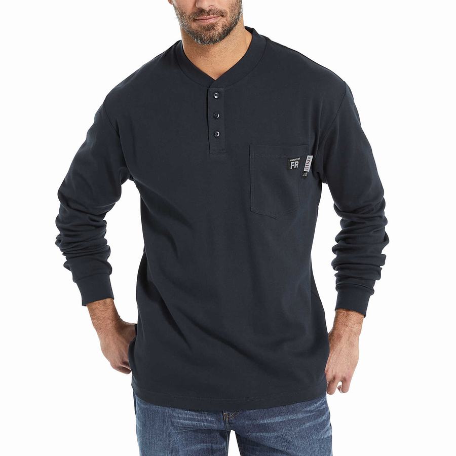 Navy Men Wolverine FR Long Sleeve Henley T Shirts | HOX4337RB