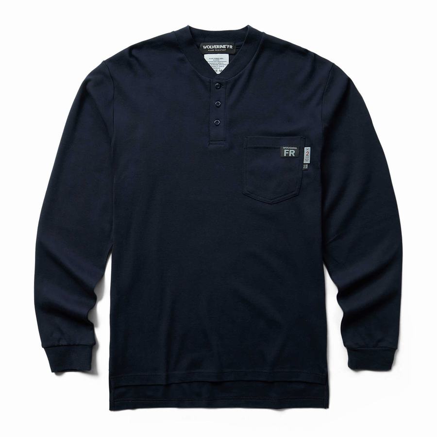 Navy Men Wolverine FR Long Sleeve Henley T Shirts | HOX4337RB