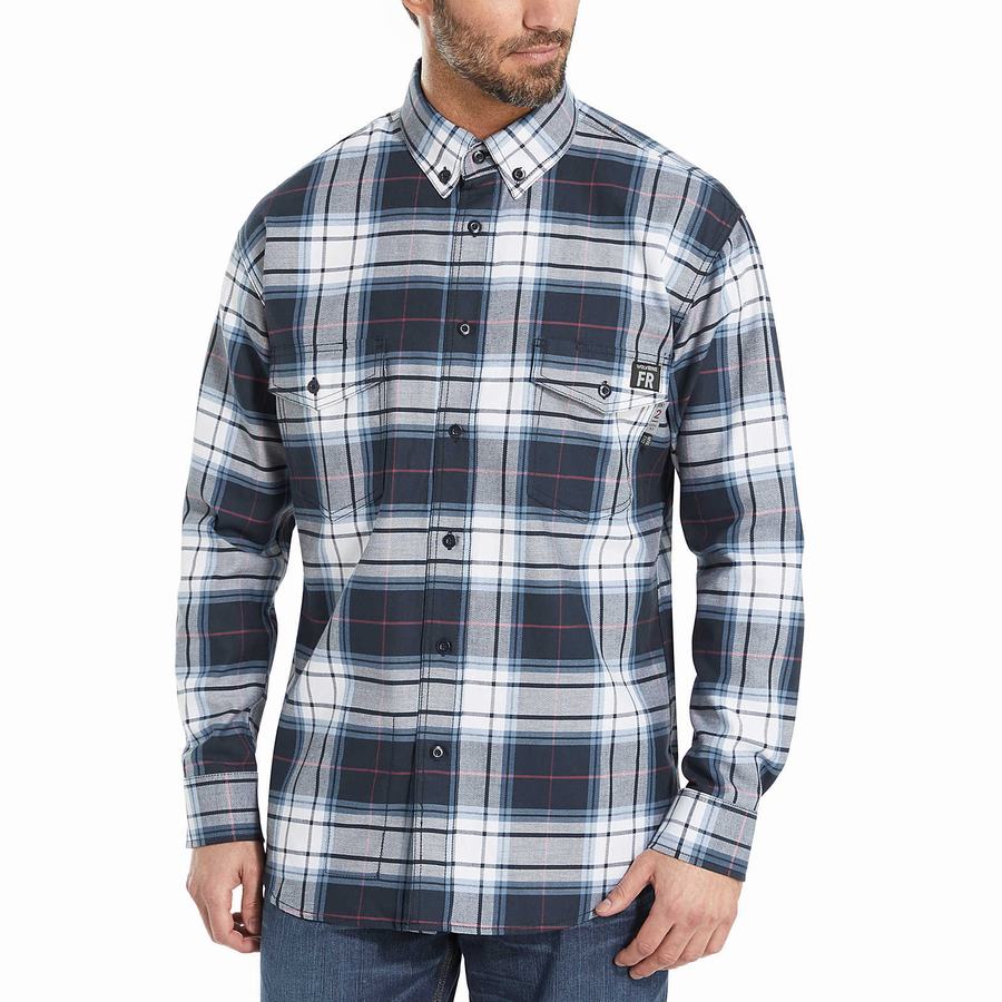 Navy Men Wolverine FR Plaid Long Sleeve Twill Shirts | ZTY7390OT