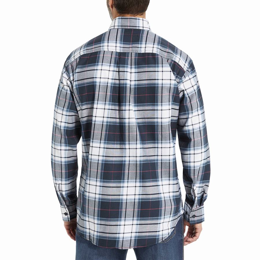 Navy Men Wolverine FR Plaid Long Sleeve Twill Shirts | ZTY7390OT