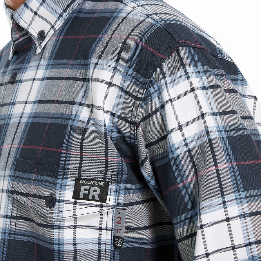 Navy Men Wolverine FR Plaid Long Sleeve Twill Shirts | ZTY7390OT