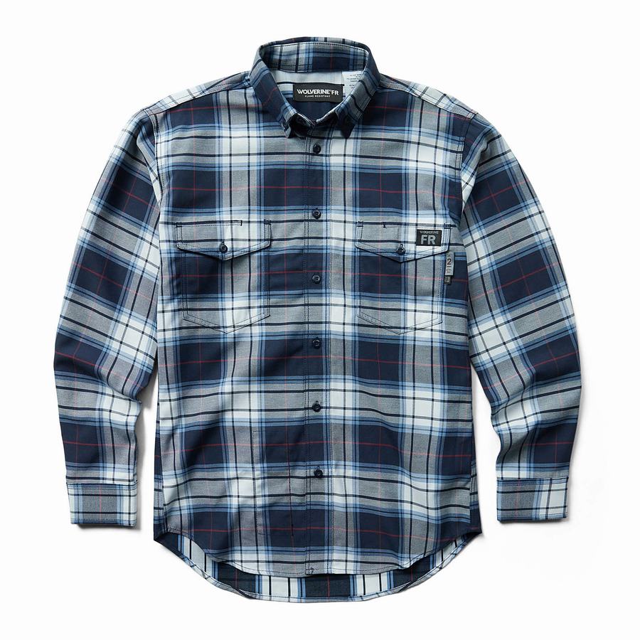 Navy Men Wolverine FR Plaid Long Sleeve Twill Shirts | ZTY7390OT