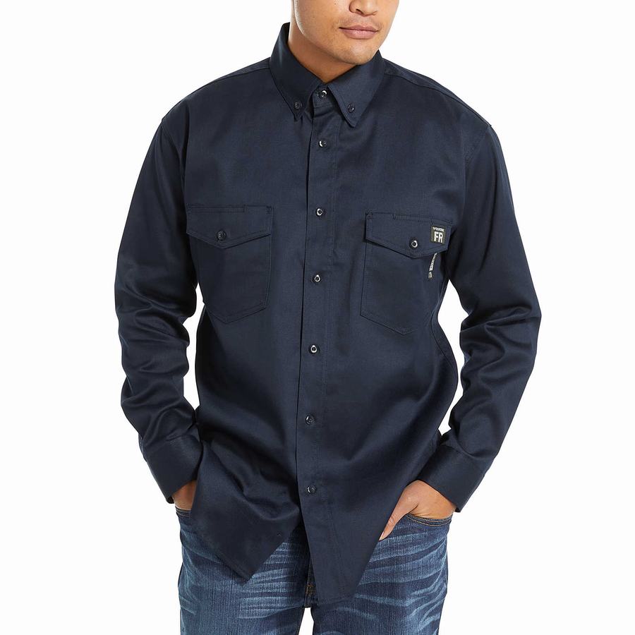 Navy Men Wolverine FR Twill Long Sleeve Shirts | YVZ9268EI