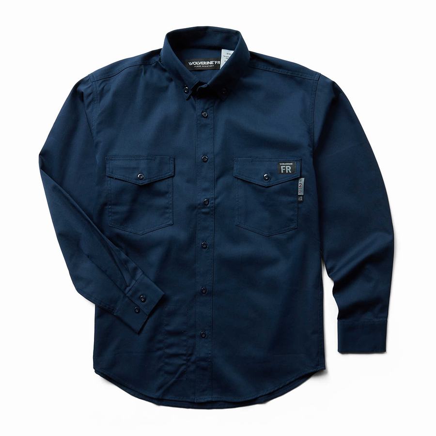 Navy Men Wolverine FR Twill Long Sleeve Shirts | YVZ9268EI