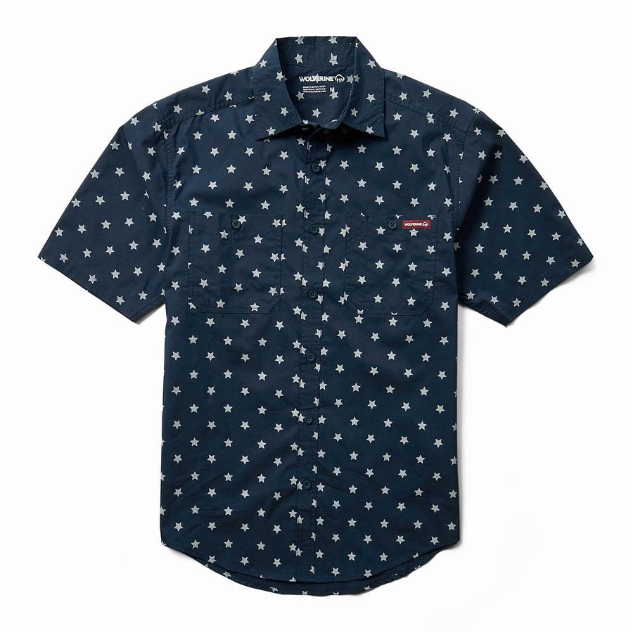 Navy Men Wolverine Fuse Short Sleeve Print Shirts | IKO4954GA