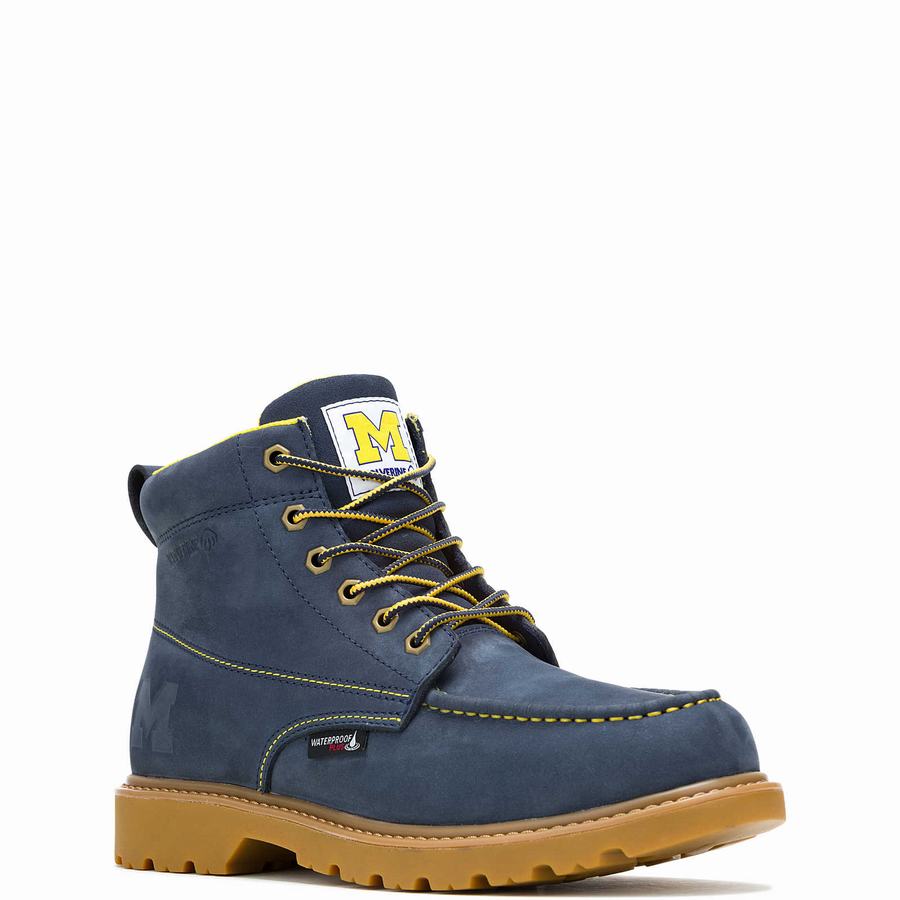 Navy Men Wolverine x Valiant University of Michigan Floorhand Moc Toe Work Boots | VTX7949BI